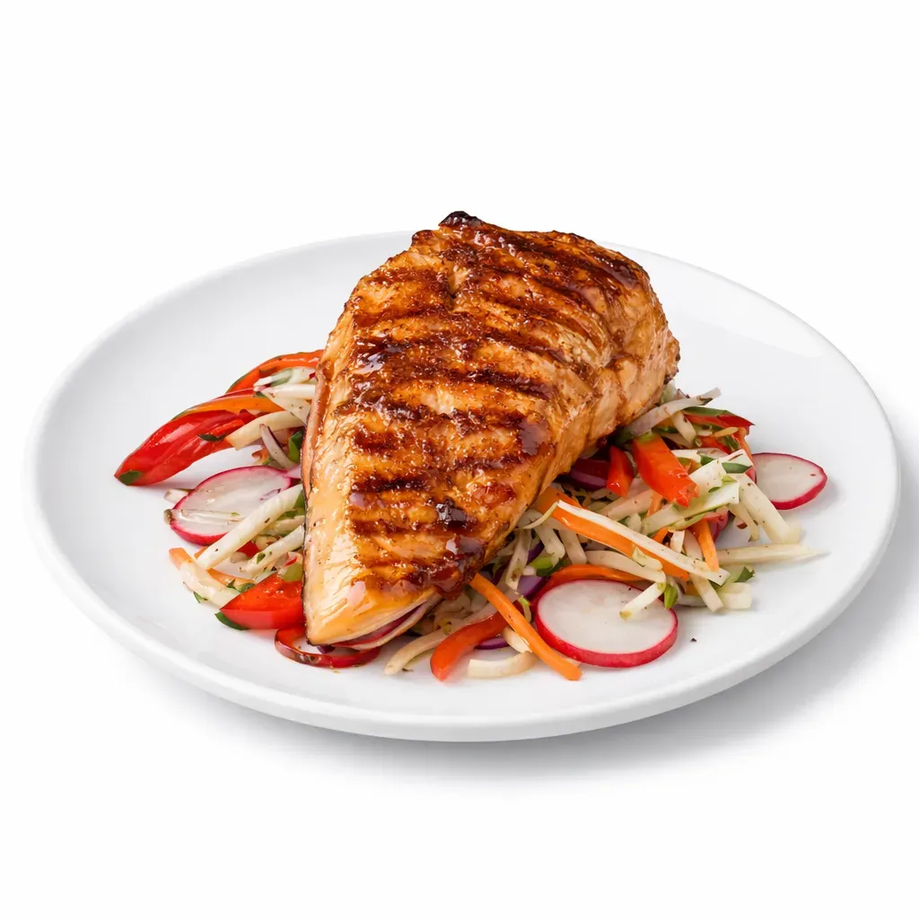 A delightful fusion of American and Latin American flavors featuring grilled Arctic Char with a tangy chipotle barbecue sauce, paired with refreshing jicama salad and vibrant mango-pineapple salsa. Perfect for summer gatherings!