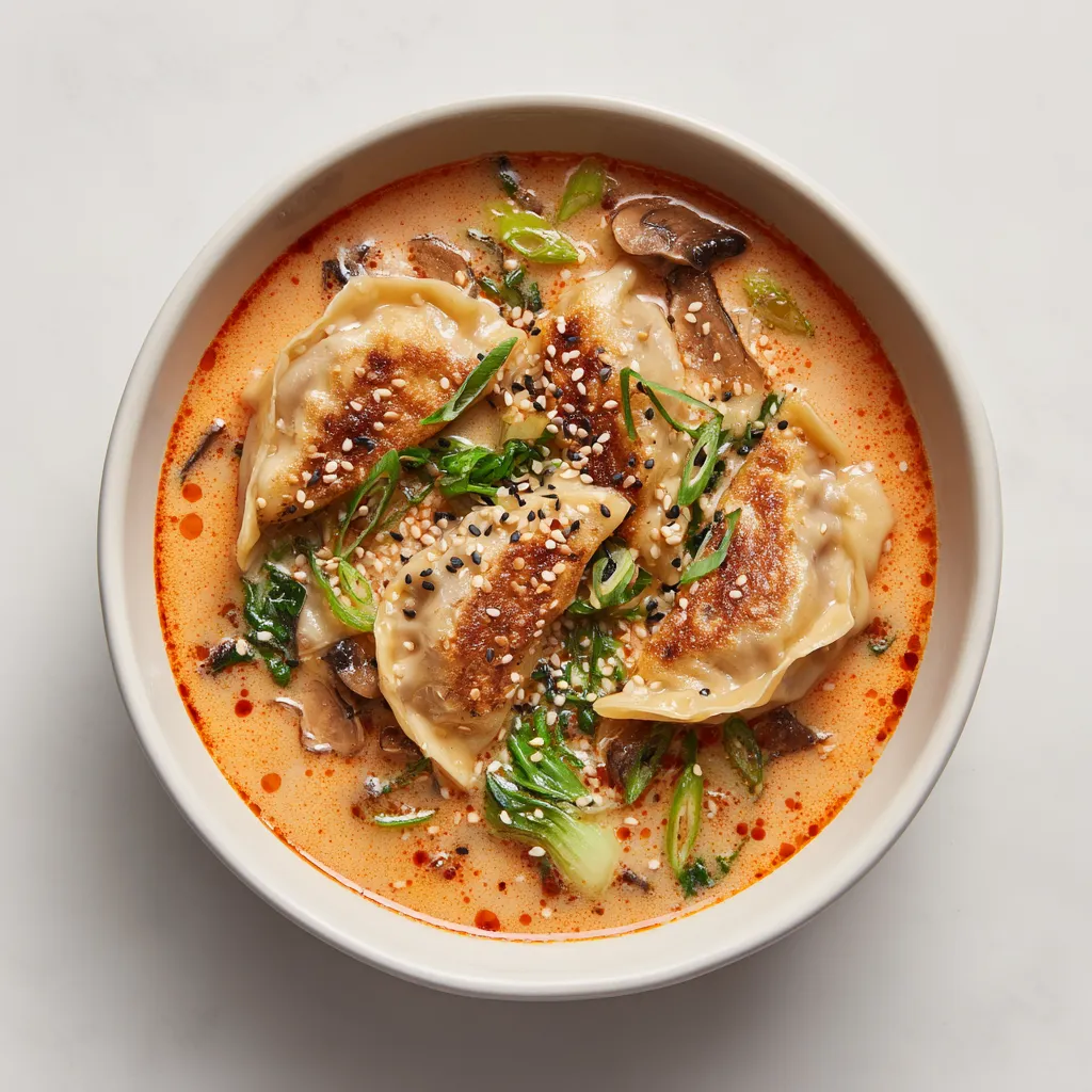 Dive into the rich and comforting flavors of this Creamy Gyoza Soup, a delightful fusion of spice, creaminess, and texture. With just seven core ingredients, this vegan recipe combines the umami of crispy gyoza, the freshness of pak choy, and the earthiness of mushrooms, all simmered in a velvety Thai curry-infused broth.