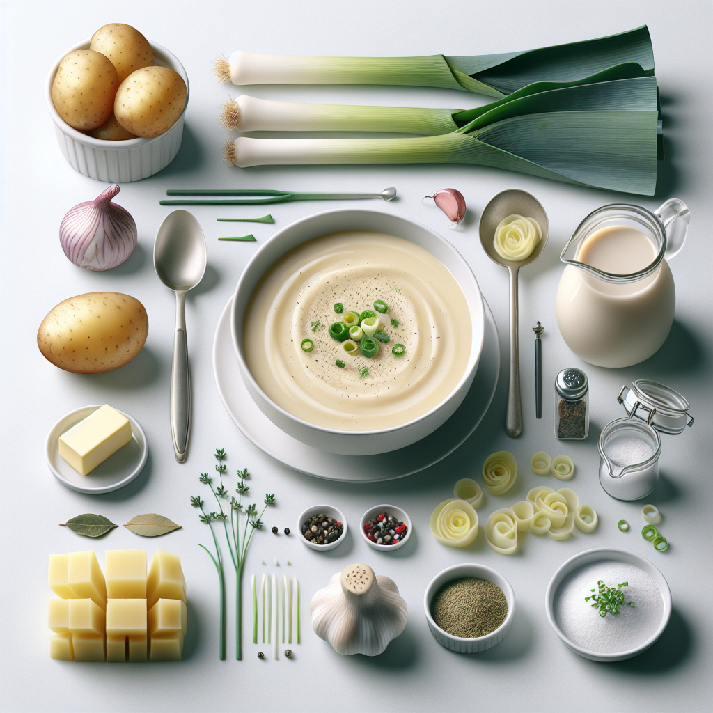 Potato & Leek Soup is a classic comfort food known for its rich and creamy texture. This soup combines the natural sweetness of sautéed leeks with the heartiness of potatoes, simmered in a savory vegetable or chicken broth. It's often blended until smooth, with a touch of heavy cream added for extra silkiness.