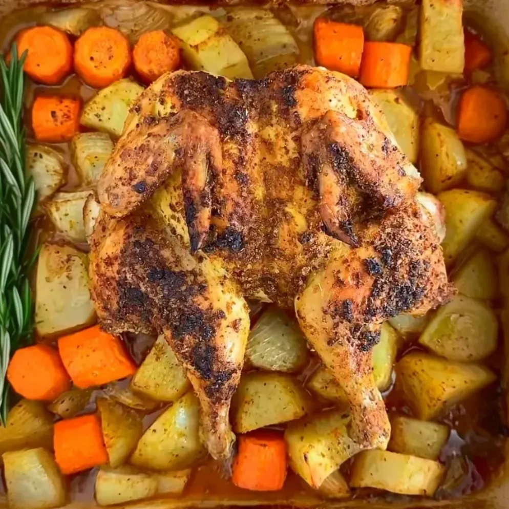 A simple and delicious recipe for roasted chicken with vegetables, featuring a blend of spices for flavor and easy preparation through the spatchcock method.