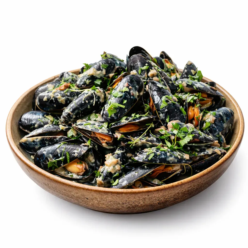 A traditional dish from Brittany, France, featuring mussels cooked with Andouille sausage, farmhouse cider, and cream, capturing the coastal flavors and essence of local cuisine.