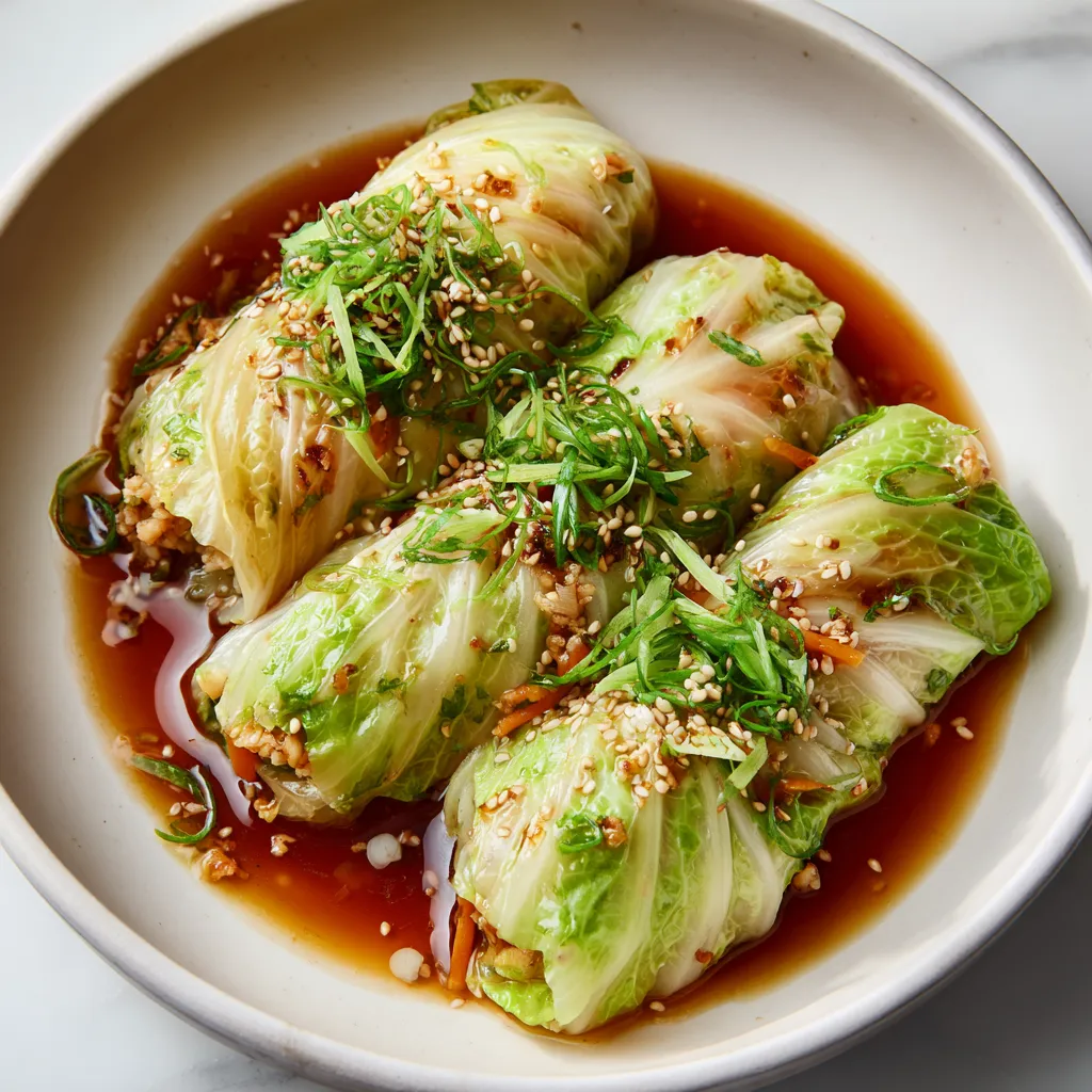 A nutritious Asian dish featuring tofu, vegetables, and a savory sauce, all wrapped in tender napa cabbage leaves.