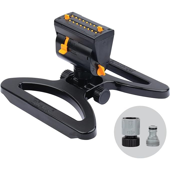 The Melnor 65131AMZ Mini Oscillator Sprinkler Bundle is a compact and versatile sprinkler system designed to cover a small to medium-sized lawn or garden area. The sprinkler features a durable construction with a black and yellow color scheme for high visibility.