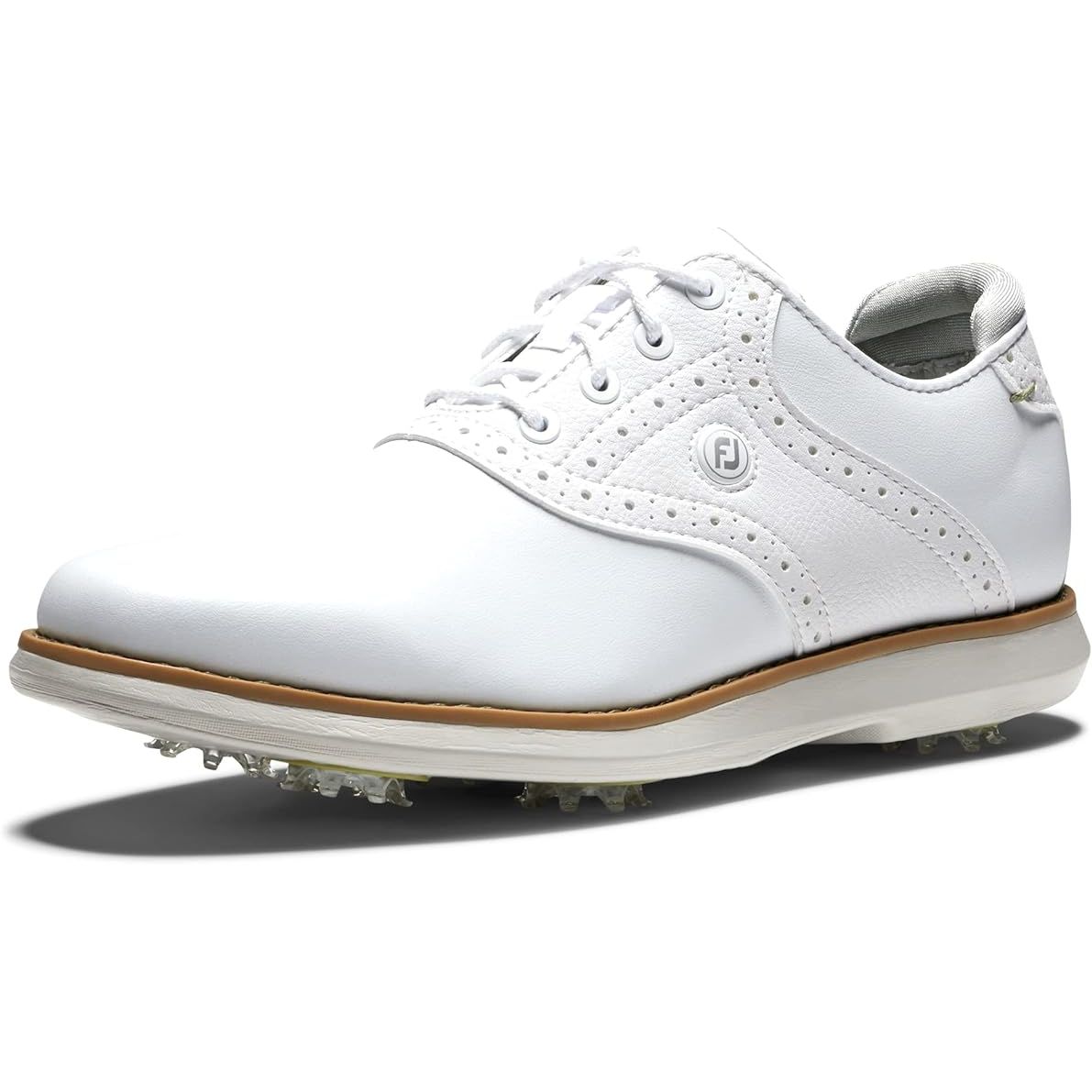 The FootJoy Women's Traditions Golf Shoe is a stylish and functional shoe designed specifically for female golfers. It features a classic saddle style design with modern updates to provide the perfect blend of style and performance on the golf course. The shoe is made with premium, full-grain leather to ensure durability and a comfortable fit.