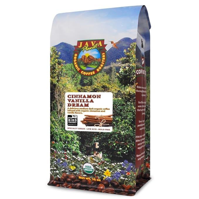 Java Planet offers a unique blend of Cinnamon and Vanilla infused organic coffee beans. This medium dark roast is made from Fair Trade, Arabica gourmet coffee beans that are of Grade A quality. The beans are sourced from organic farms, ensuring a high level of quality and environmental sustainability.