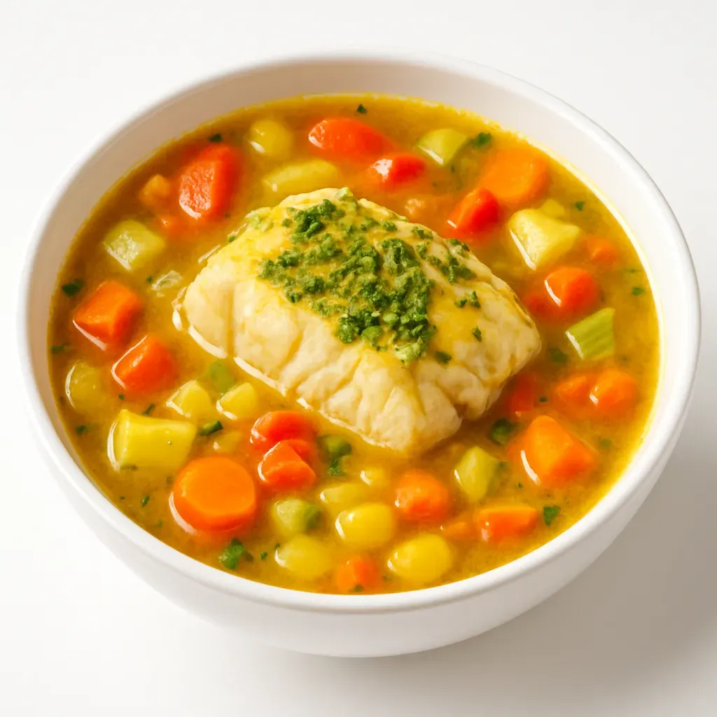 A traditional Brazilian fish stew with bold flavors, featuring chunks of Pirarucu fish, spices, and fresh vegetables simmering in a rich broth.