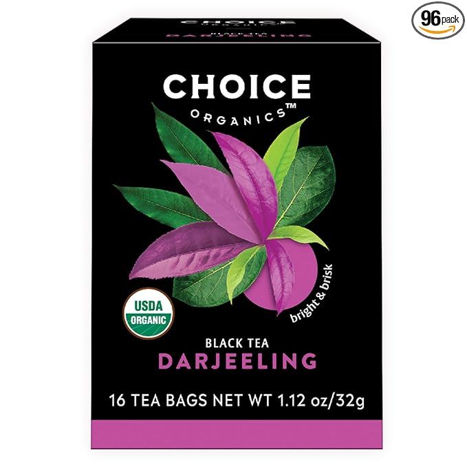 Choice Organics Organic Darjeeling Tea is a high-quality, Fair Trade certified black tea sourced from the renowned Darjeeling region in India. Each box contains 6 packs of organic black tea bags, with a total of 96 tea bags.