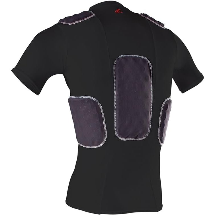 The Cramer Lightning 5 Pad Youth Football Shirt is a compression shirt designed for youth athletes participating in football, basketball, or other contact sports. It features integrated rib, spine, and clavicle pads to provide protection and support during play.