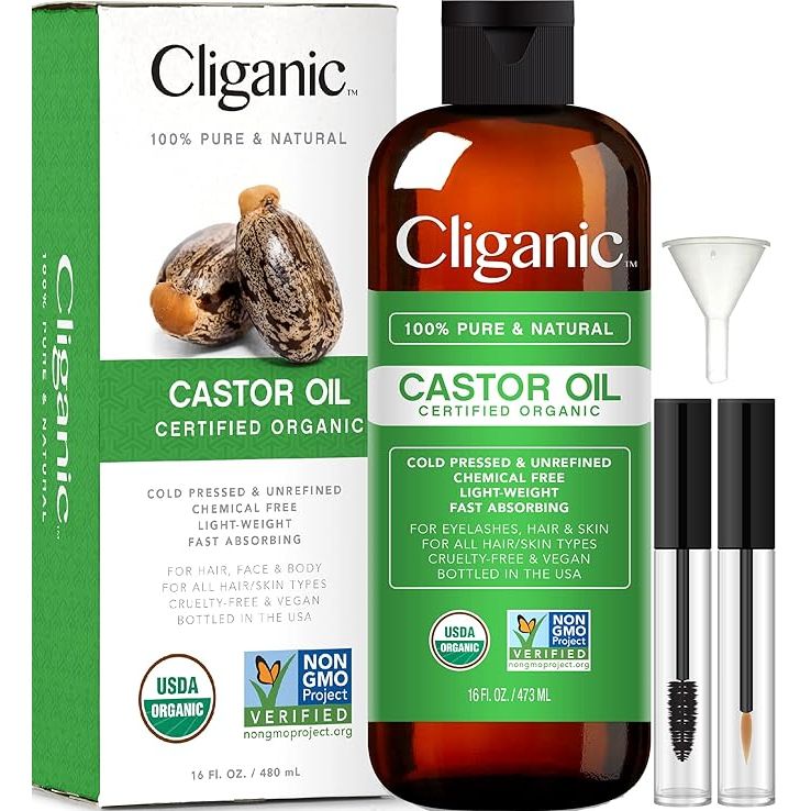 Cliganic USDA Organic Castor Oil is a premium quality product made from 100% pure and organic ingredients. This 16oz bottle comes with an eyelash kit, perfect for enhancing the appearance of eyelashes, eyebrows, hair, and skin. The oil is cold-pressed and unrefined, ensuring that it retains all its natural nutrients and benefits.