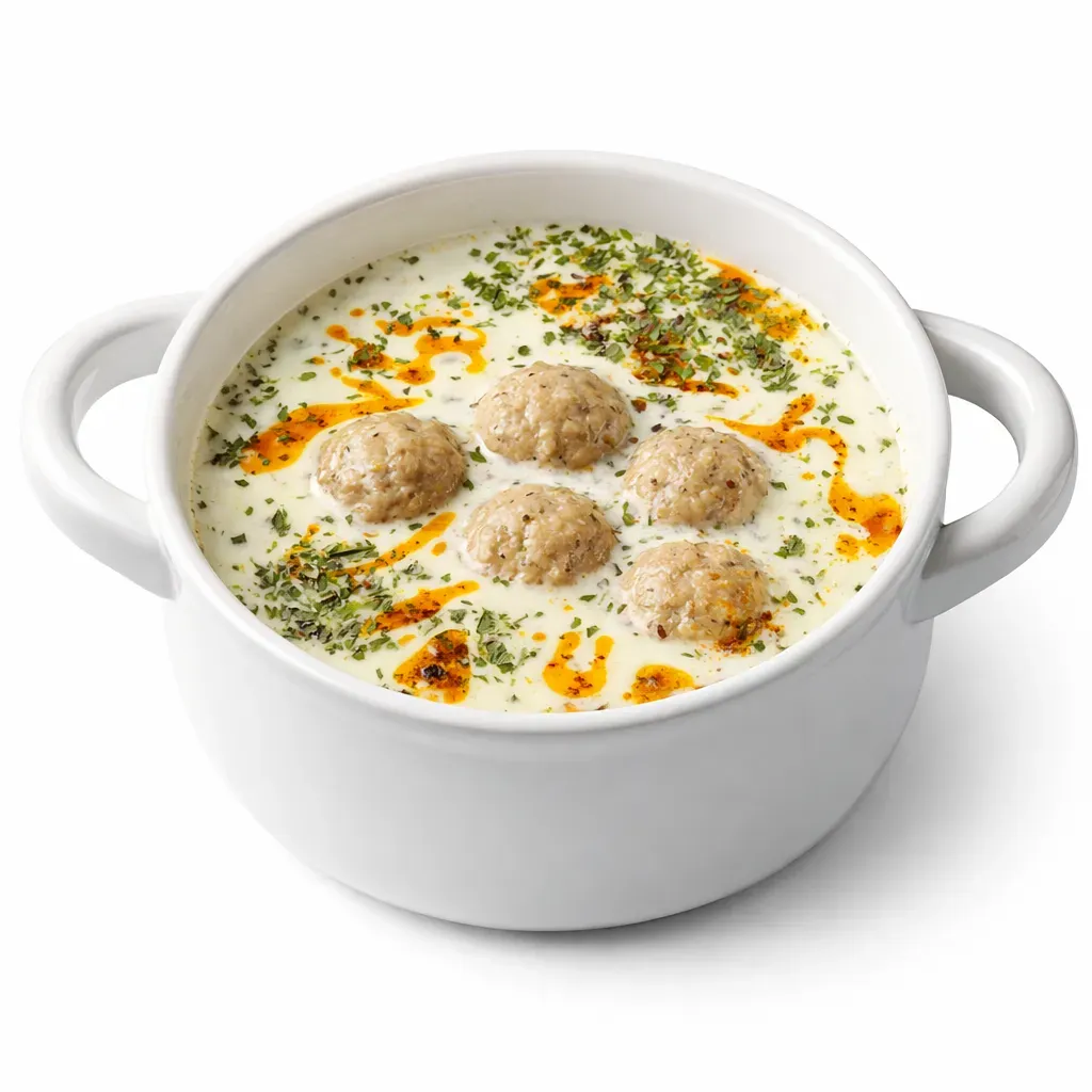 A rich and flavorful soup featuring meatballs packed with bulgur and ground beef, served in a creamy yogurt broth infused with Aleppo pepper and dried mint.