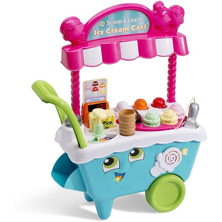 The LeapFrog Scoop and Learn Ice Cream Cart is a fun interactive toy suitable for children aged 24 months to 60 months. This colorful cart comes with 22 pieces including four flavors of ice cream, three toppings, three flavors of syrup, and six different colored cones.