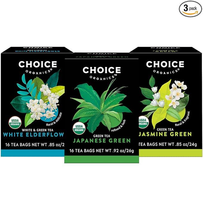 The Choice Organics Organic Green Tea and Herbal Tea Variety Pack Sampler includes three different flavors: Japanese Green, Jasmine Green, and White Elderflower. Each pack contains 16 tea bags of each flavor, totaling 48 tea bags in the entire sampler pack.