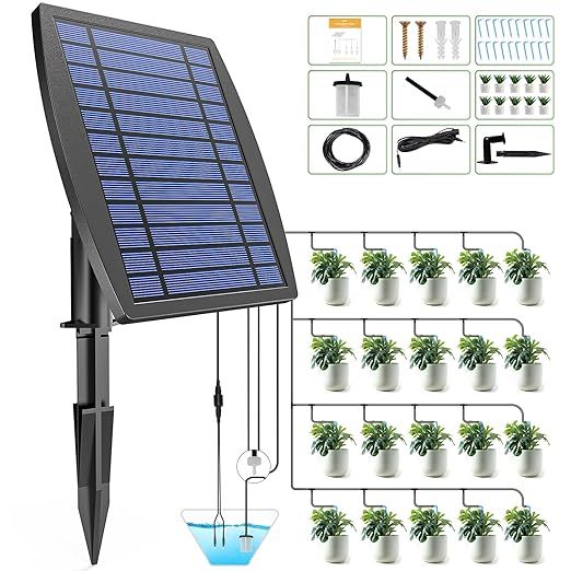 The IPOW Upgrade 12 Timer Modes Supports 30 Pots 100% Anti-Siphoning Solar Irrigation System is an automatic watering system designed for balcony, indoor and outdoor plants, gardens, and potted plants.