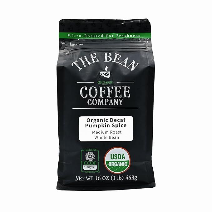 Indulge in the delightful taste of Decaf Pumpkin Spice organic whole bean medium roast coffee from The Bean Organic Coffee Company. This sweet and enticing holiday favorite is perfect for enjoying year-round with its complex, bold flavor profile accented by notes of pumpkin.