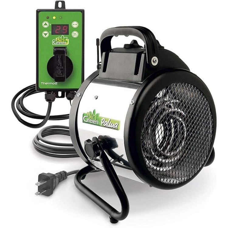 The PAL 2.0/USDT Palma Greenhouse Heater with Thermostat is a versatile and reliable heating solution for various indoor and outdoor spaces. Measuring 11”x 8”x12.5” and running on 110v, this heater is compact yet powerful, providing fast and efficient heating for grow tents, greenhouses, garages, and other areas in need of warmth.