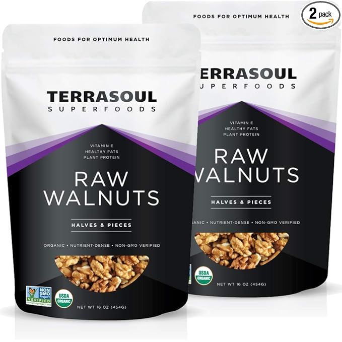 Terrasoul Superfoods Organic Raw Walnuts are a high-quality product available in a 2-pound pack, containing two bags of walnuts. These walnuts are of the Chandler variety, known for their fresh and light color. They are sourced from certified organic farms, ensuring that the nuts are free from harmful chemicals and pesticides.