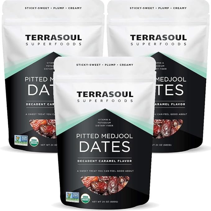 Terrasoul Superfoods Organic Pitted Medjool Dates come in a pack of 3, each weighing 4.5 lbs. These dates are certified organic and the pits have been removed for convenience. They have a soft and chewy texture that makes them perfect for snacking or adding to recipes.