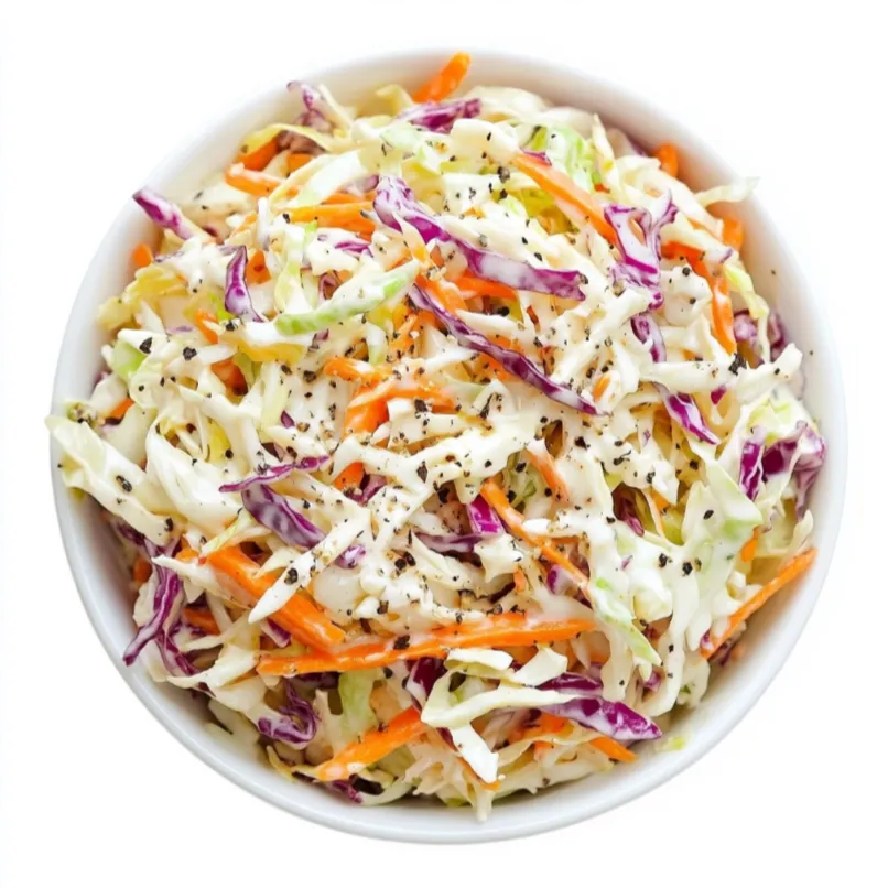 Tangy Crunchy Coleslaw is a refreshing salad comprised of finely shredded cabbage and carrots, dressed in a zesty blend of mayonnaise, vinegar, mustard, and sugar. This coleslaw highlights the crisp texture of fresh vegetables contrasted with the creamy tanginess of the dressing.