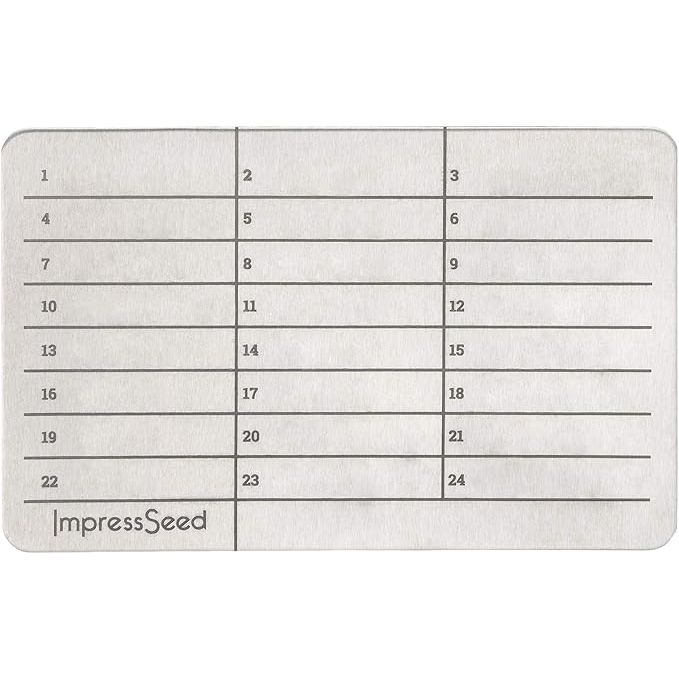 The ImpressSeed Crypto Seed Storage Metal Plate is a durable and secure solution for storing your cryptocurrency seed phrase. Made of aluminum with a silver color finish, this metal plate is resistant to corrosion and tampering, ensuring that your seed phrase remains safe and secure for years to come.