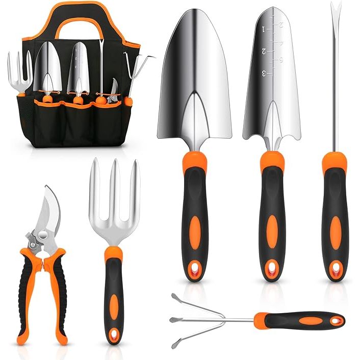 The CHRYZTAL Garden Tool Set is a heavy-duty gardening tool set made of durable stainless steel. The set includes essential outdoor hand tools such as a trowel, transplanter, and weeder, all designed to make gardening easier and more enjoyable. Each tool features a non-slip rubber grip for comfortable and secure handling during use.