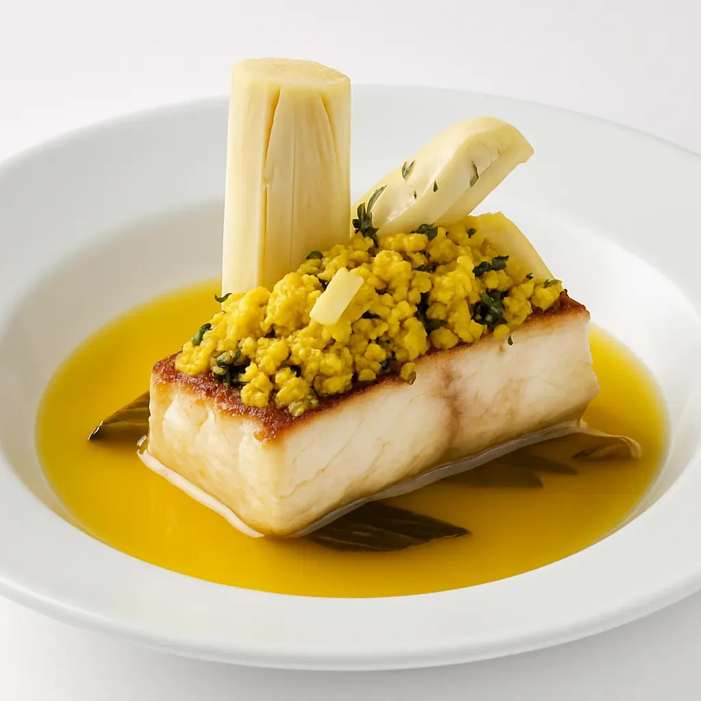 A luxurious main course showcasing tender Pirarucu paired with Jambu Farofa, Tucupi Reduction, and roasted Pupunha, capturing the vibrant flavors of Northern Brazil.