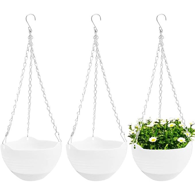 The 3 Pcs 8 inch Hanging Planter Pots are self-watering round hanging baskets designed for indoor or outdoor use. Each pot comes with a water tray and a metal chain for easy hanging. The pots are white in color, making them versatile for any garden or balcony décor.