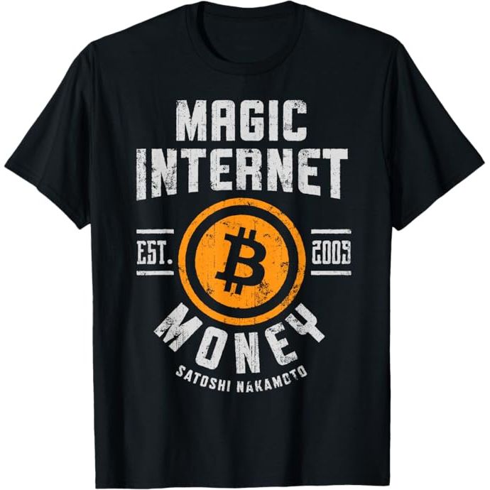 The t-shirts are made from comfortable materials such as cotton or a blend of fabrics, ensuring a soft and breathable feel when worn. They come in various sizes and colors to cater to different preferences and styles. Some Bitcoin Magic Internet Money BTC Crypto Currency Blockchain T-Shirts also feature unique designs and graphics that appeal to tech-savvy individuals and those interested in the digital economy. 