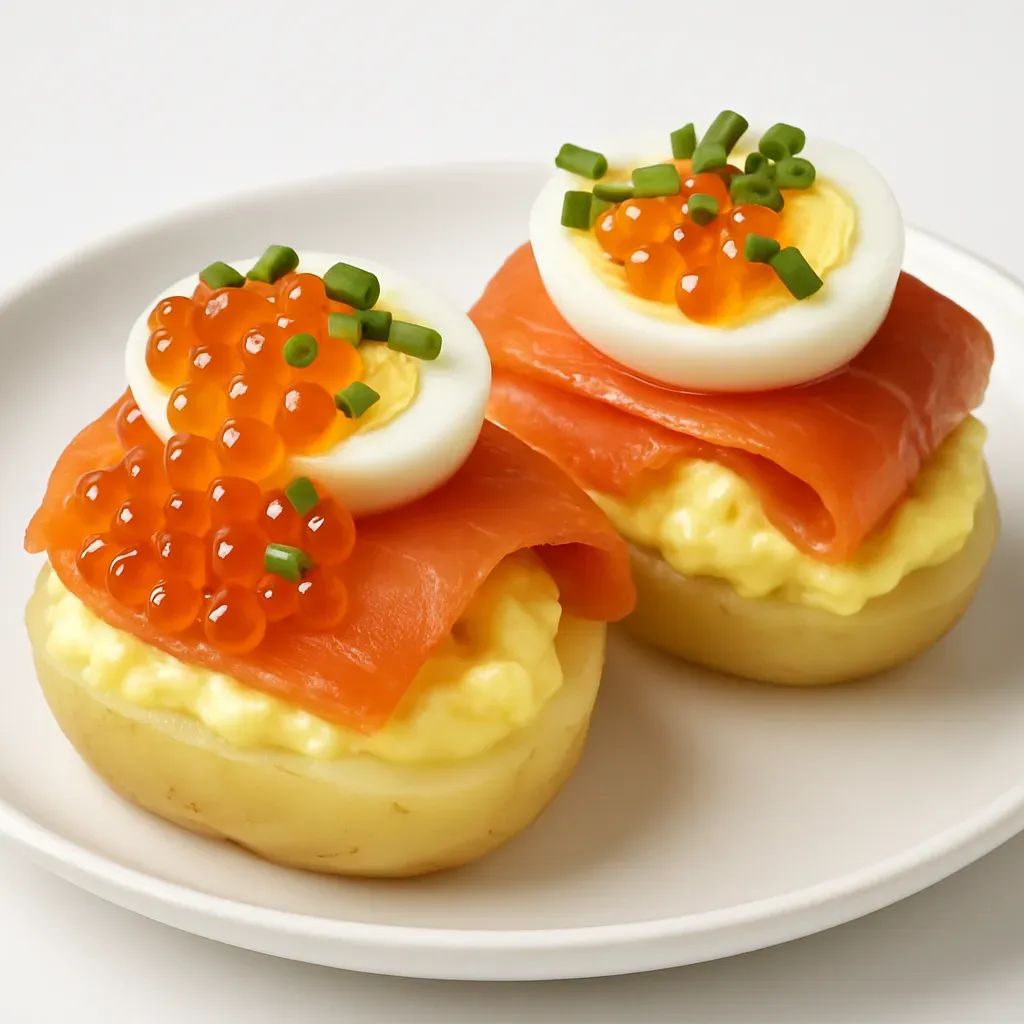 Experience a taste of Spain with these delightful Potato and Smoked Trout Montaditos—perfect as an appetizer or tapas for your next gathering. These bite-sized treats feature tender boiled potatoes, creamy homemade mayonnaise, flavorful smoked trout, delicate quail eggs, and vibrant trout roe, all garnished with fresh chives.