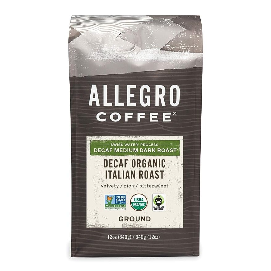 Allegro Coffee Decaf Organic Italian Roast Ground Coffee is a decaffeinated coffee made from 100% Arabica beans. It is certified organic, meaning that it is grown without the use of synthetic pesticides or fertilizers. This particular blend is roasted in the Italian style, resulting in a bold and robust flavor profile with smoky, bittersweet notes.