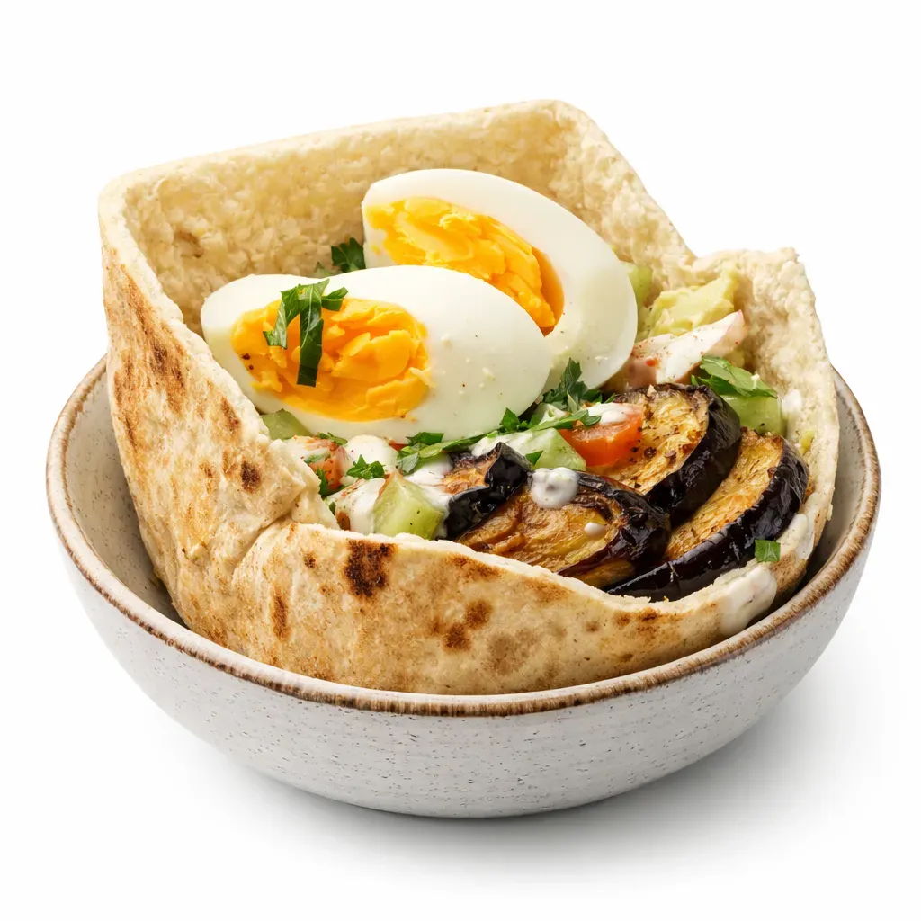 Sabich is a delicious and popular Israeli street food that combines fried eggplant, hard-boiled eggs, a fresh Israeli salad, tahini, and amba in a pita sandwich.