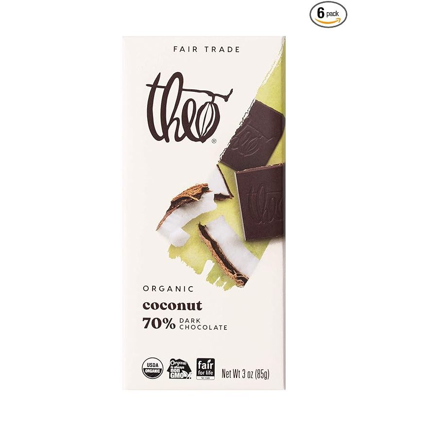 The Theo Chocolate Coconut Organic Dark Chocolate Bar is a 70% cacao vegan treat that comes in a 6-pack. Made with premium organic ingredients and high-quality cocoa beans, this chocolate bar offers a rich and decadent flavor experience. Each bar is also Fair Trade certified, ensuring that farmers are paid a fair wage for their work.