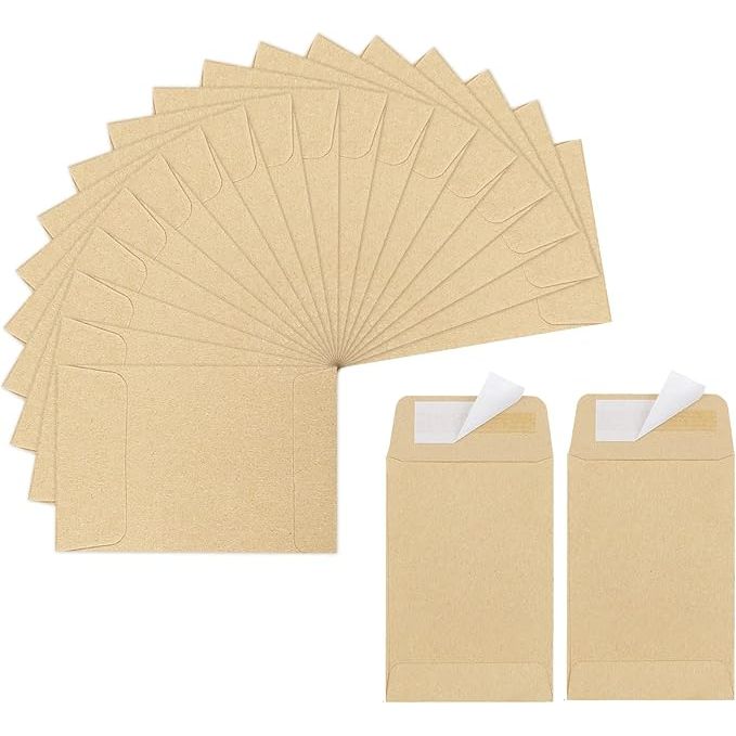 The 180 pack of brown Kraft coin envelopes measure 2.35"×3.5" and are perfect for various uses such as storing coins, seeds, or small items. The envelopes have a full-flap seal design that ensures the contents stay secure. These small envelopes are useful for offices, homes, and schools for organizing and storing small items effectively.