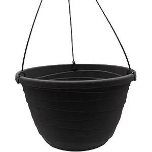 The HC Companies 13 Inch Wrapt Hanging Planter is a lightweight outdoor plastic hanging basket designed for plants, herbs, and flowers. The planter measures 13 inches in diameter and comes in a sleek black color, making it a versatile addition to any outdoor space.