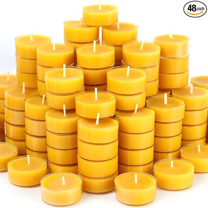 These 48 Pack Beeswax Tealight Candles are made from 100% pure beeswax, known for its natural cleansing and purifying properties. Each candle has an extended burn time of 3.5-4 hours, providing long-lasting warmth and ambient lighting.