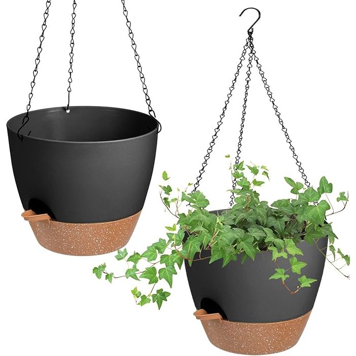 The 10 Inch Hanging Planter is a set of two plant hangers designed for indoor or outdoor use. These planters have a self-watering feature, making it easier to maintain the health of your plants. Each planter has drainage holes to prevent overwatering and includes a removable tray for easy cleaning and maintenance.