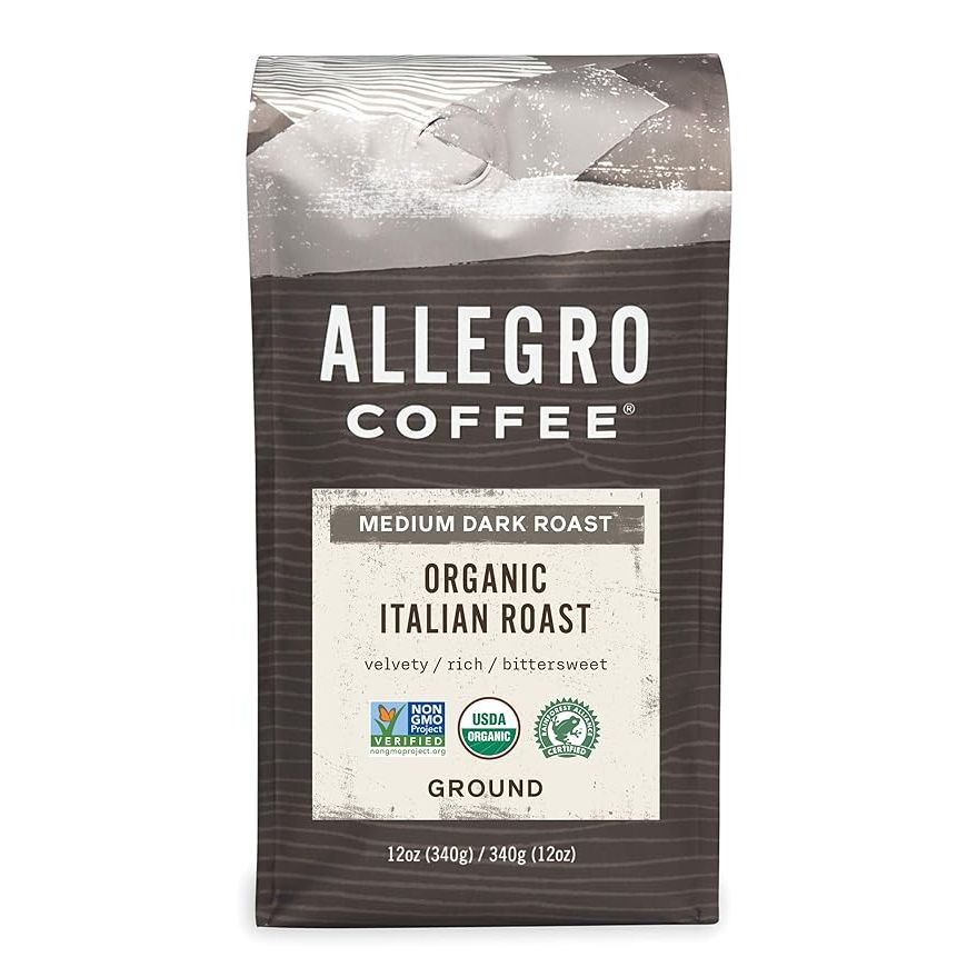 Allegro Coffee Organic Italian Roast Ground Coffee is a rich and bold blend of 100% certified organic Arabica coffee beans sourced from Central and South America. This medium-dark roast coffee is full-bodied with notes of dark chocolate, caramel, and a hint of smoky flavor.