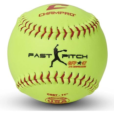 The Champro ASA Fast Pitch .47 COR 375 Compression softball is a high-quality ball designed for fastpitch softball games. It has a 47 COR rating and a 375 compression rating, making it suitable for competitive play. The ball features a poly synthetic cover with red stitches for increased durability and visibility on the field.