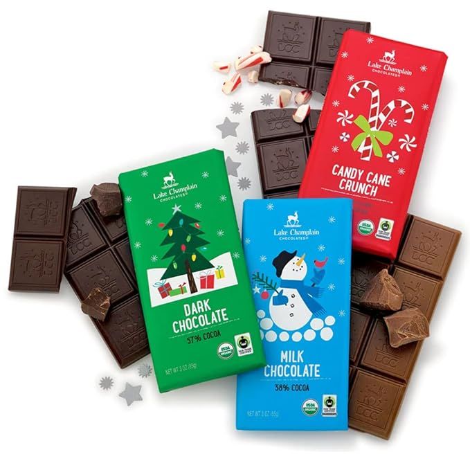 Lake Champlain Holiday Chocolate Bars Variety Gift Pack is a delicious assortment of three full-size chocolate bars, each weighing 3 ounces. The gift pack features a variety of flavors, providing a rich and decadent chocolate experience for the recipient.