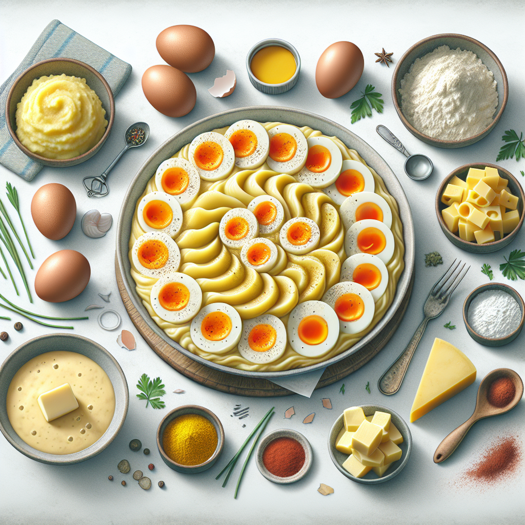 Anglesey Eggs is a delightful Welsh dish that combines the earthiness of mashed potatoes with the richness of eggs and cheese. It begins with a base of smooth, buttery mashed potatoes. Layered on top are hard-boiled eggs sliced neatly in rounds, providing a satisfying texture contrast.