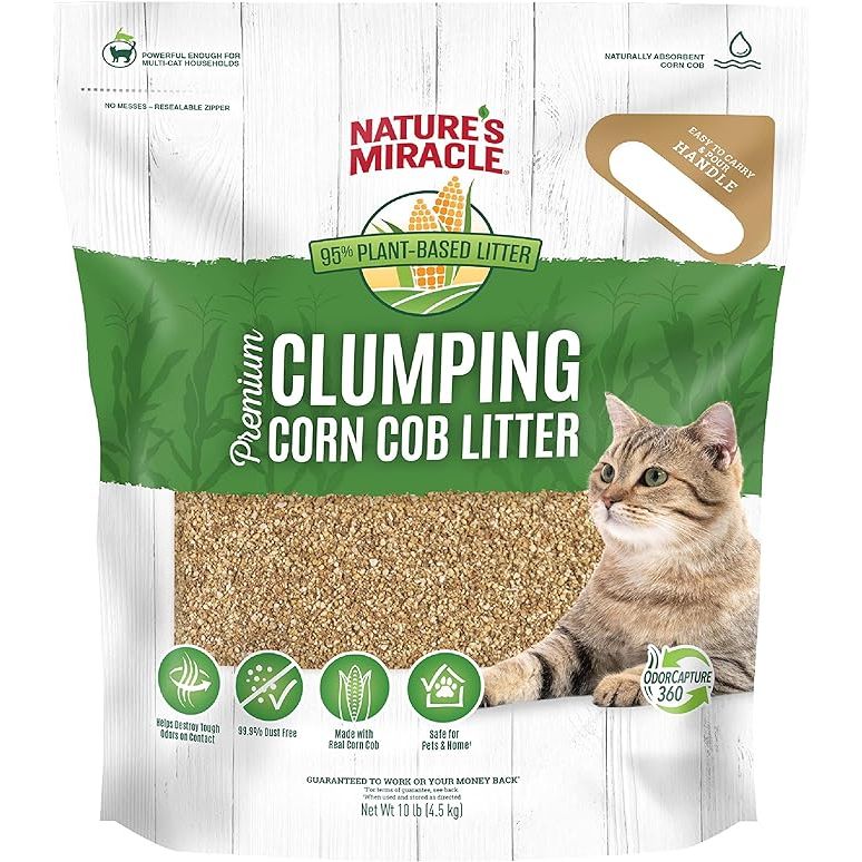 Nature's Miracle Premium Clumping Corn Cob Litter is a highly effective cat litter made from natural corn cob. This litter is formulated with a tough odor bio-enzymatic formula that works to eliminate even the strongest of odors, leaving your home smelling fresh and clean.