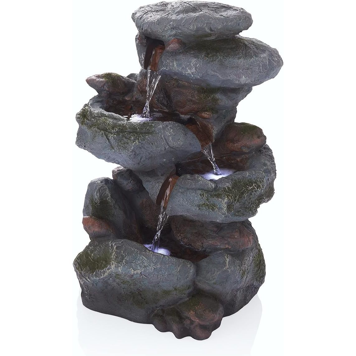 The Alpine Corporation WIN582 Outdoor Floor 3-Tiered Rock Waterfall Fountain is a beautiful and charming addition to any outdoor space. Measuring 22 inches in height, this fountain features a natural stone look and a gray color that blends seamlessly with any decor.
