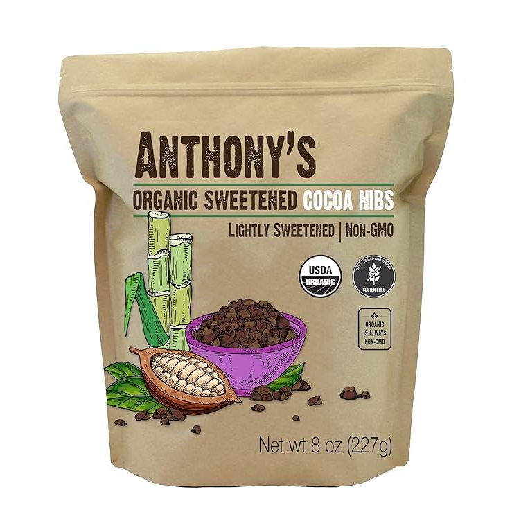 Anthony's Organic Sweetened Cocoa Cacao Nibs are a delicious and nutritious snack made from organic cacao nibs that have been lightly sweetened with cane sugar. These cacao nibs are gluten-free, non-GMO, non-irradiated, and are a great source of antioxidants, fiber, and magnesium.