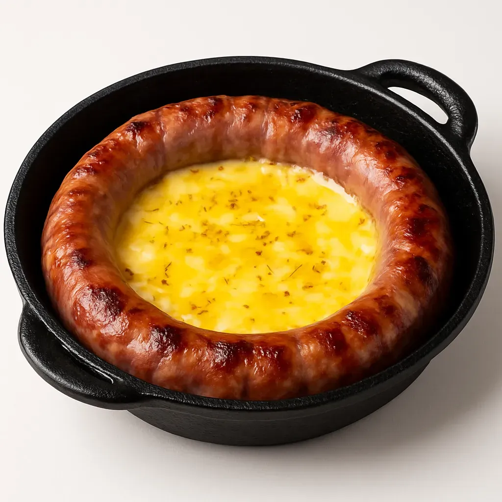 A traditional Brazilian Gaúcho-style barbecue dish featuring seared Linguiça Campeira sausage and creamy melted cheese, seasoned perfectly for a delightful flavor experience.