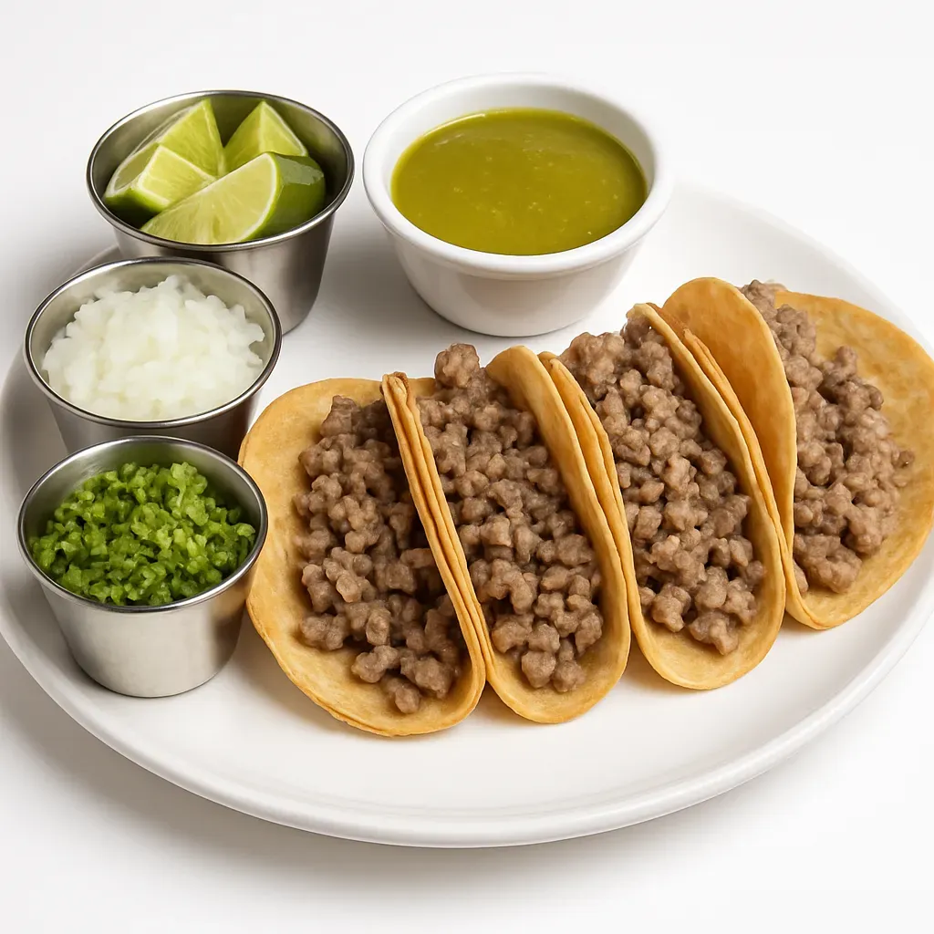 Experience the tantalizing flavors of Mexico with these succulent bistec tacos topped with a homemade green salsa, complemented by caramelized onions and fresh garnishes for an authentic street-food experience.