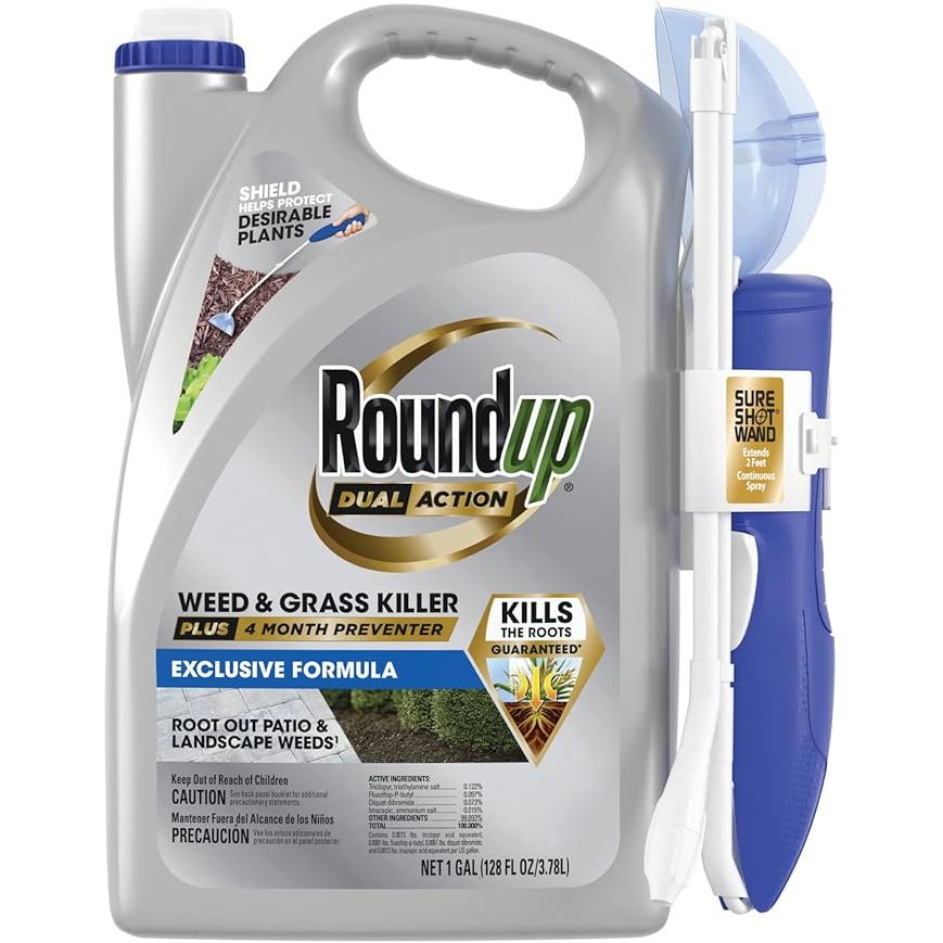 Roundup Dual Action Weed & Grass Killer Plus 4 Month Preventer is a powerful herbicide that effectively targets and kills weeds and grasses in various outdoor spaces. This product comes in a convenient 1 gallon container and is equipped with a Sure Shot Wand for easy and precise application.