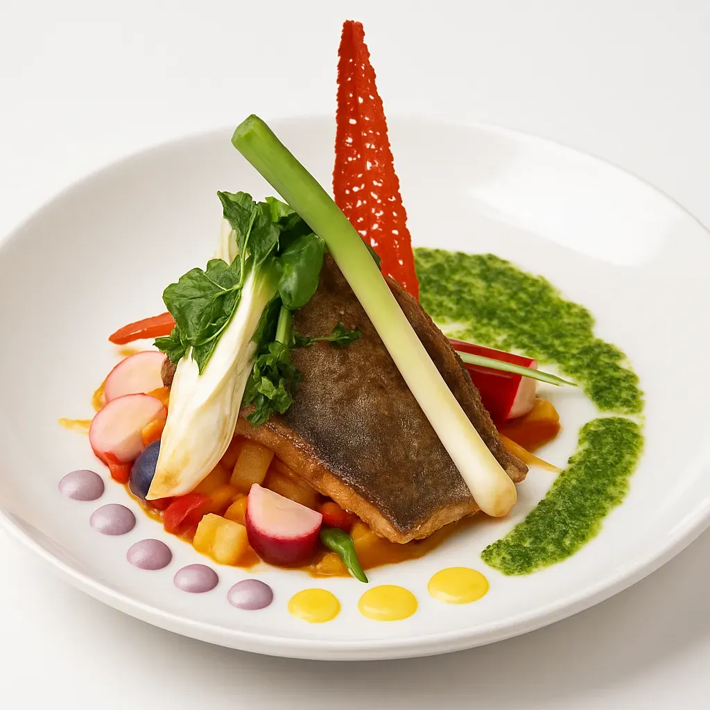 This exquisite Austrian dish features pan-fried Mattigtal char fillets paired with a vibrant pumpkin and potato hash, showcasing the region's flavors.