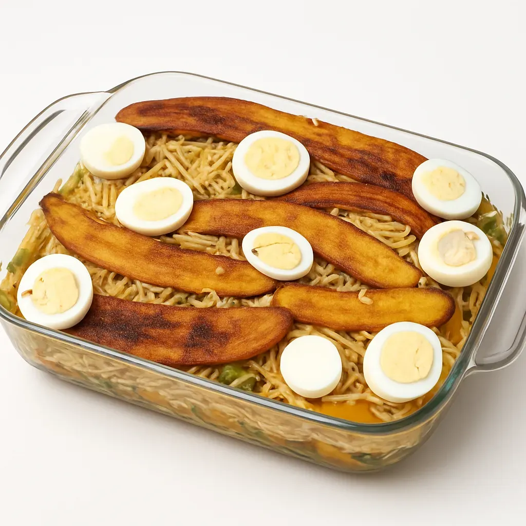 A delightful, layered dish celebrating the flavors and traditions of Amazonian Brazilian cuisine with pirarucu fish, bananas, and sautéed vegetables.