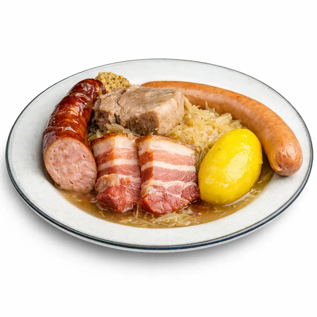 Enjoy a classic Alsatian dish that features tangy homemade sauerkraut with a mix of savory meats, perfect for a hearty meal with loved ones.