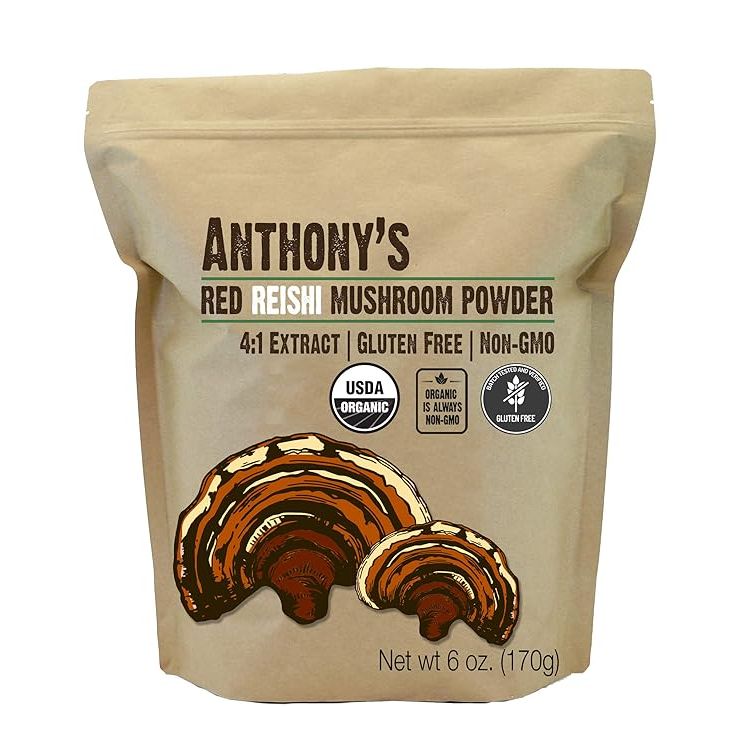 Anthony's Organic Red Reishi Mushroom Extract Powder is a high quality dietary supplement derived from organic red reishi mushrooms. It comes in a 6 oz container and is a 4 to 1 extract, ensuring a potent concentration of the beneficial compounds found in reishi mushrooms.