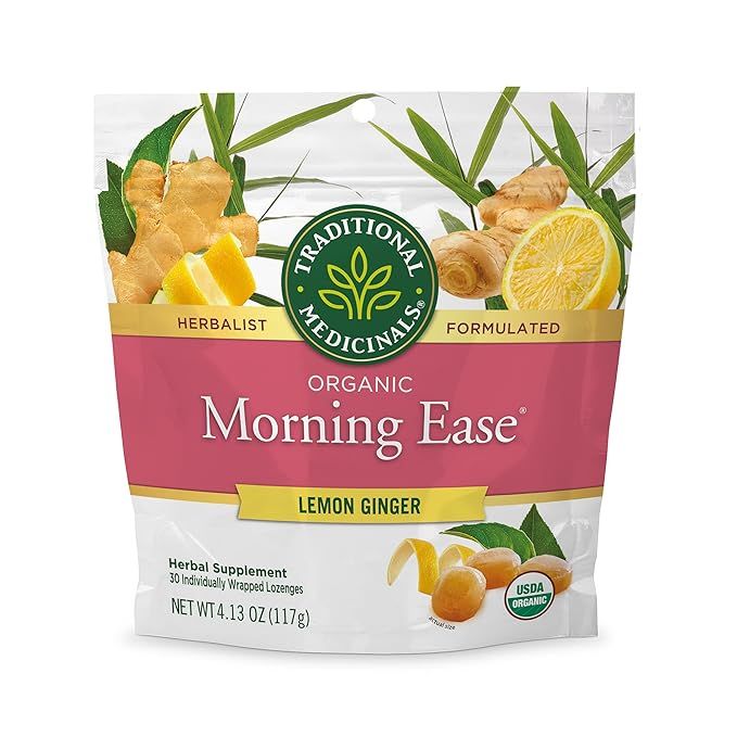 Traditional Medicinals Lozenges in Organic Morning Ease Lemon Ginger are designed to relieve nausea and morning sickness associated with normal pregnancy. The lozenges come in a convenient packaging of 30 individually wrapped pieces for easy on-the-go consumption.